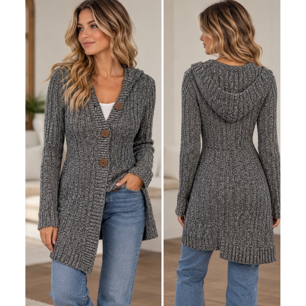 It's Our Time Cardigan Size S Grey Cabincore Hooded Chunky Longline Knit Sweater